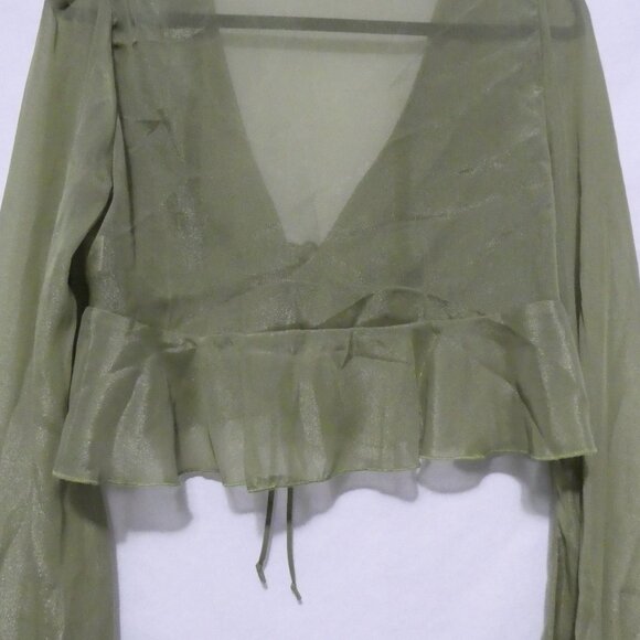SHEIN | medium | Elegant Green V-Neck Sheer Blouse With Tie / Lace-Up Detail - Picture 14 of 15